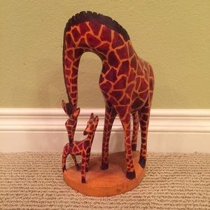 Wooden hand carved mother and baby giraffe